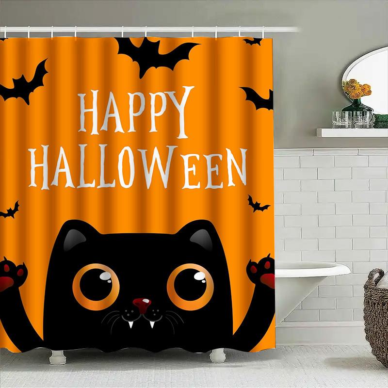 

Tuniu Cute Halloween Bat Shower Curtain Funny Black Cat Bathroom Decor Dark Orange Backdrop Party Gift Idea W60H190(CM)-1 Pcs