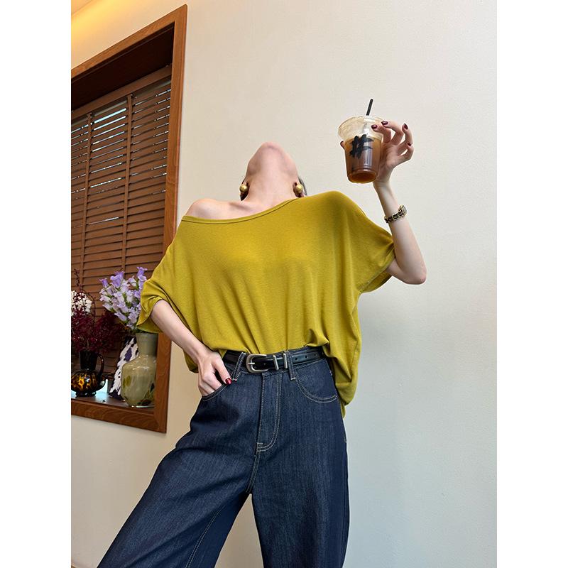 Lu Qingyi Tencel Wool Asymmetric One-Shoulder T-Shirt - Women s Summer Short Sleeve Top One Size