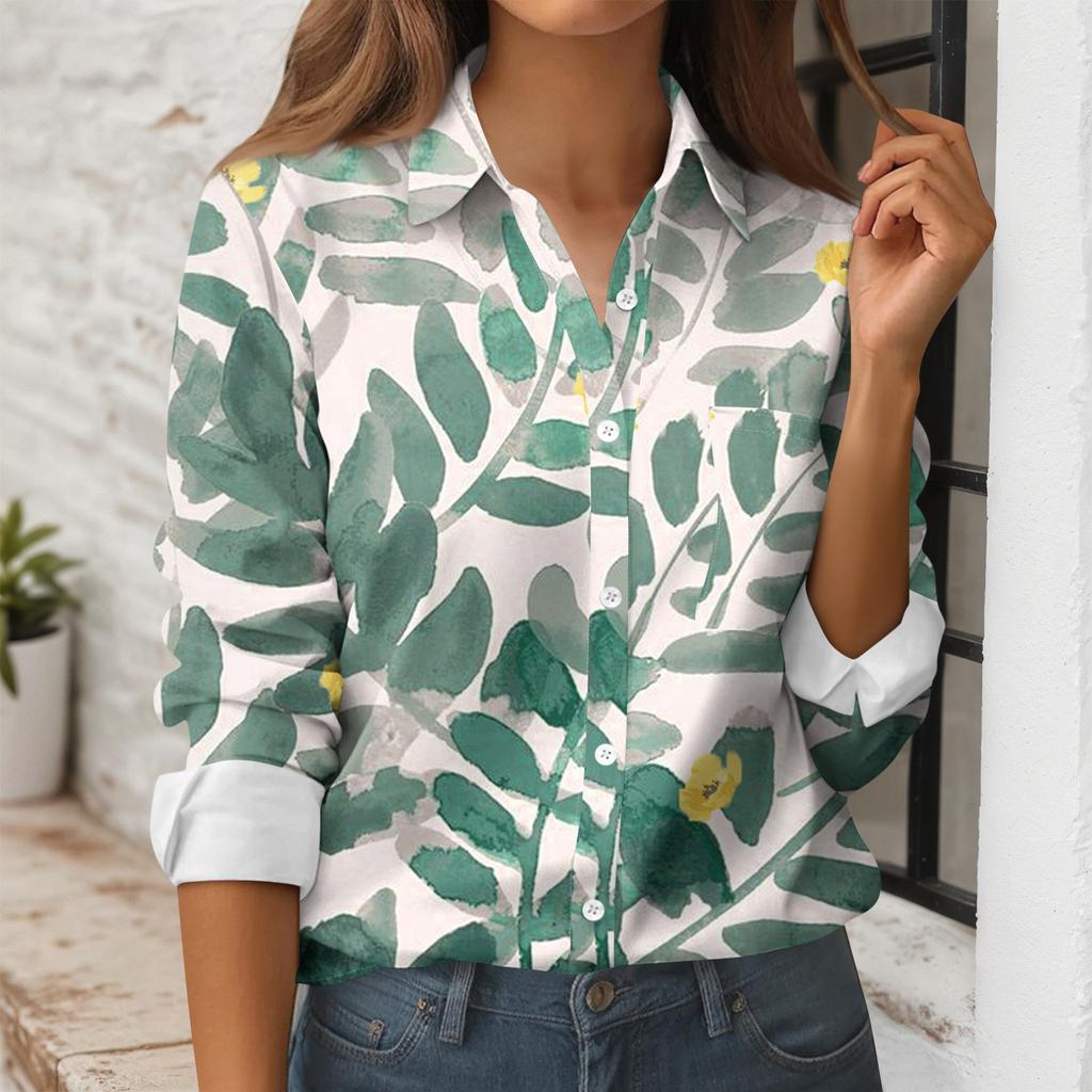 Women's Button Down Prints Shirt Long Sleeve Shirt Business Work Tops Casual With Pockets Jacket