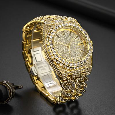 MISSFOX-Men's Fashion Cuban Chain Hip Hop Diamond Watch Quartz Calendar Wristwatch