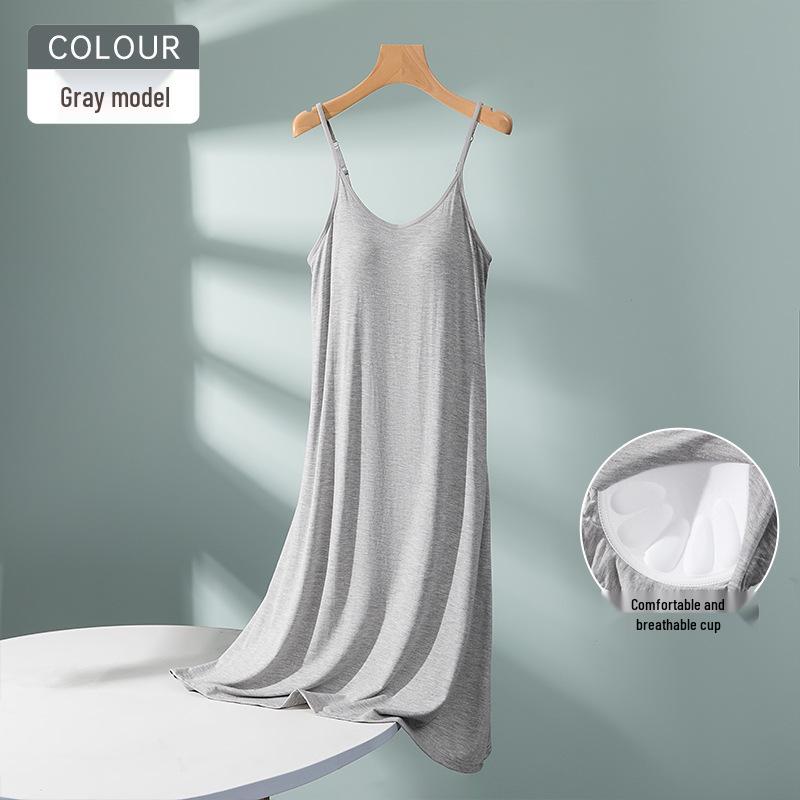 Modal Padded Cup Nightgown for Women - Five-Finger Cup Camisole, No Bra, Home and Outdoor Long Dress