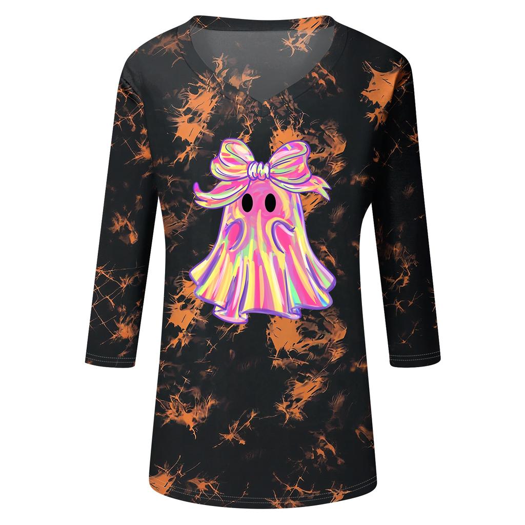 Women's Halloween Print V-Neck Three-Quarter Sleeve Top Casual Blouse for Party