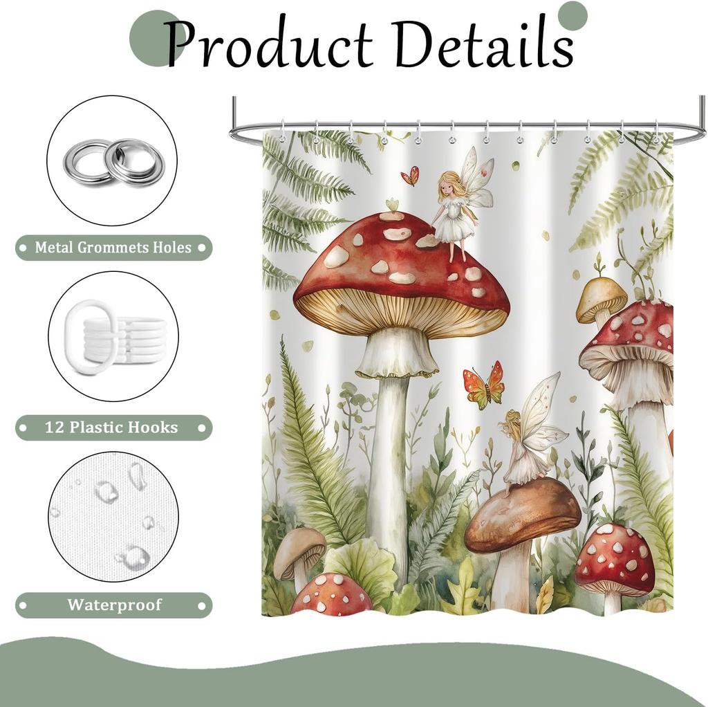 Sommer Pilz Duschvorhang, Aquarell Grüne Pflanzenblätter Feen Mädchen Badezimmervorhang, Polyester Stoff Wasserdichtes Bad Cur