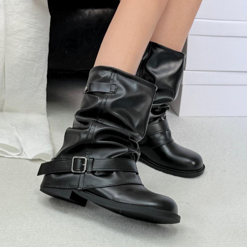 

Autumn Maillard retro style round head inner heightening stack boots thick-soled medium tube pleated trouser tube boots women 40 чёрный