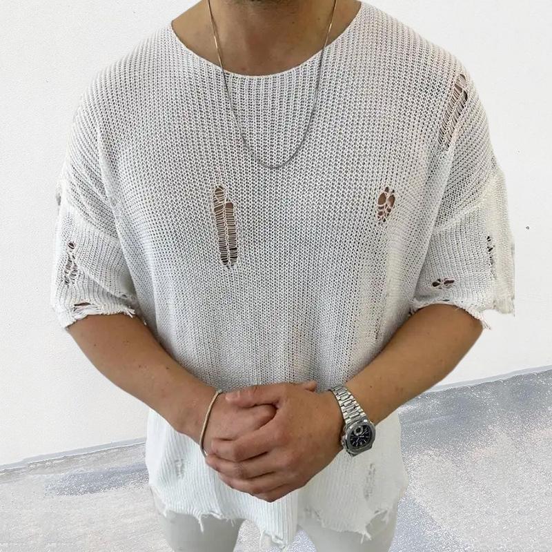 2025 Summer New Knitted Sweater for Men, Openwork Round Neck Short Sleeve