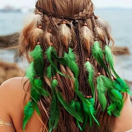 Zigeuner Indisches Kopfschmuck Bohemian Vintage Blaue Feder Quaste Stirnband Verstellbar Haarschmuck Für Frauen Urlaubs Schmuck