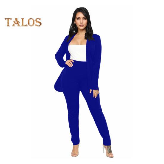 2 ks/sada Dámský formální kabát a kalhoty Dlouhý rukáv Slim střih Klopový kardigan Středně dlouhá bunda Kalhoty s vysokým pasem Formální obchodní Cestovní outfit