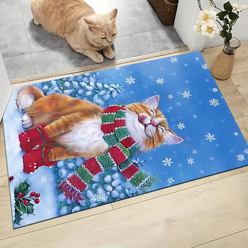 Winter Cat Snowscape Carpet Rug Soft Washable Anti Slip Home Living Room Sofa Mats Personalized Christmas Rug