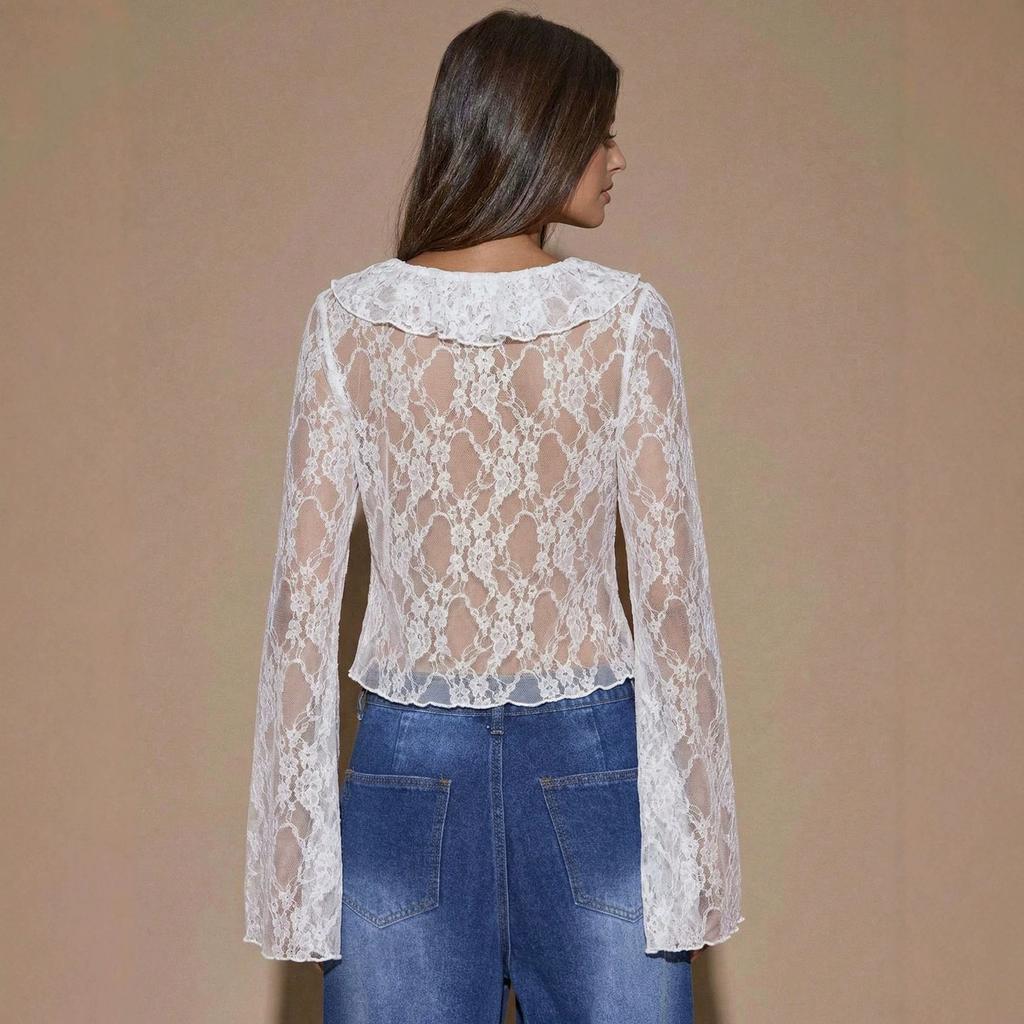European and American Autumn New Design Chest Strap Split-ended Long-sleeved V-neck Lace Top