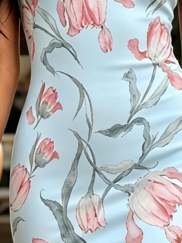 Summer Women's One Shoulder Midi Dress Tulip Floral Print Light Blue Bodycon Sundress