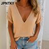 Blusas y Camisas Casuales de Moda para Mujer JPNTKY Estampado de Color Sólido Manga Corta Cuello en V