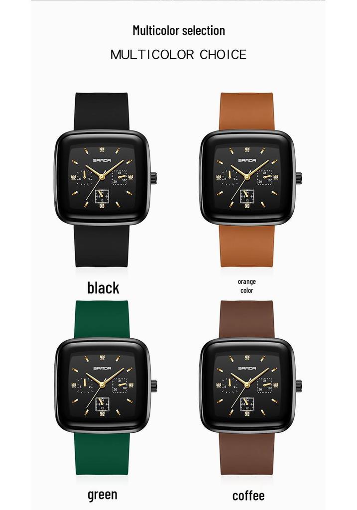 Sanda Square Men's & Women's Quartz Watch with Silicone Strap, Six Hands, Waterproof, Bar Markers, Fashionable Design