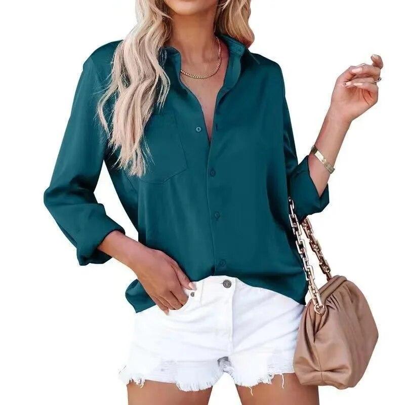 

Элегантная однотонная атласная рубашка на пуговицах, женские блузки с длинным рукавом и отложным воротником, женские элегантные повседневные офисные женские шелковые топы 30481 XXL синий/глубокий