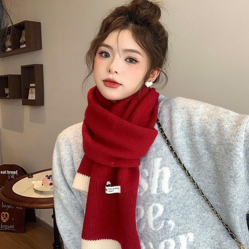 Japanischer und koreanischer Strickwollschal für Damen - Warmer Winter-Nackenwärmer, Perfektes Neujahrs-Rot-Weihnachtsgeschenk