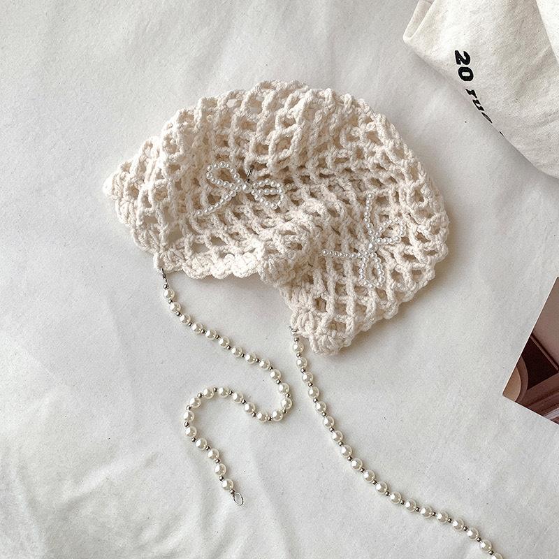 Hollow bow pearl fringed bag head hat women's retro fashion versatile face small knitted pile hat
