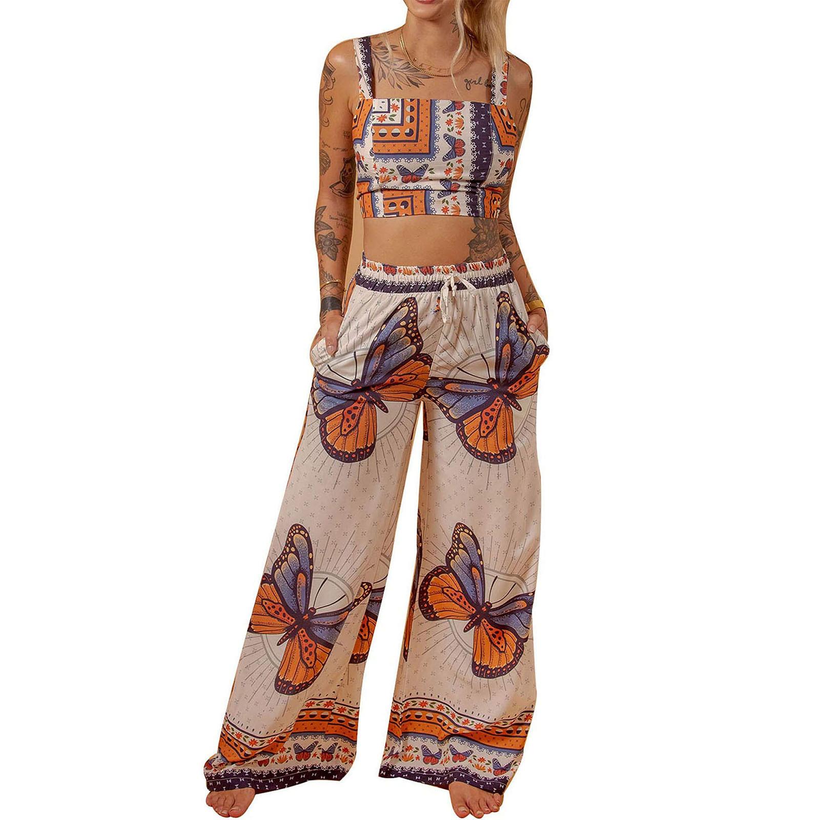 

Женский повседневный топ без рукавов с принтом бабочки + длинные брюки, комплект из 2 предметов M хаки