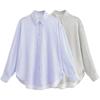 Fashion Style Summer New Women's Linen Blended Long Sleeves Polo Collar Stripes Loose Shirt 0340151