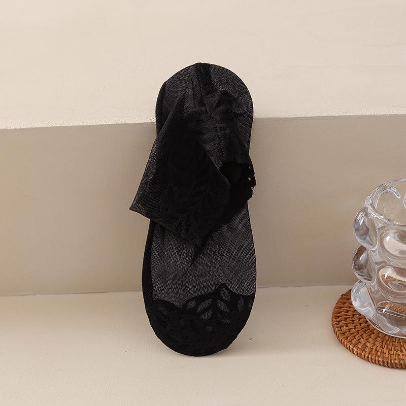 Women s Ruffled Lace Mesh Mid-Calf Socks - Sexy, Thin, Invisible, Cotton Bottom One size чёрный