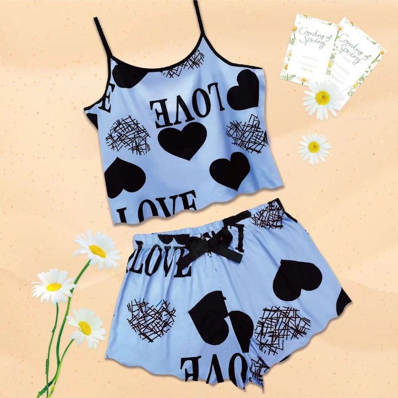 

Жіноча літня піжама з принтом у вигляді серця, піжама з шортами та шортами, піжама для нічного сну, 2 шт. Один комплект, зручний топ із шортами, піжама M синій