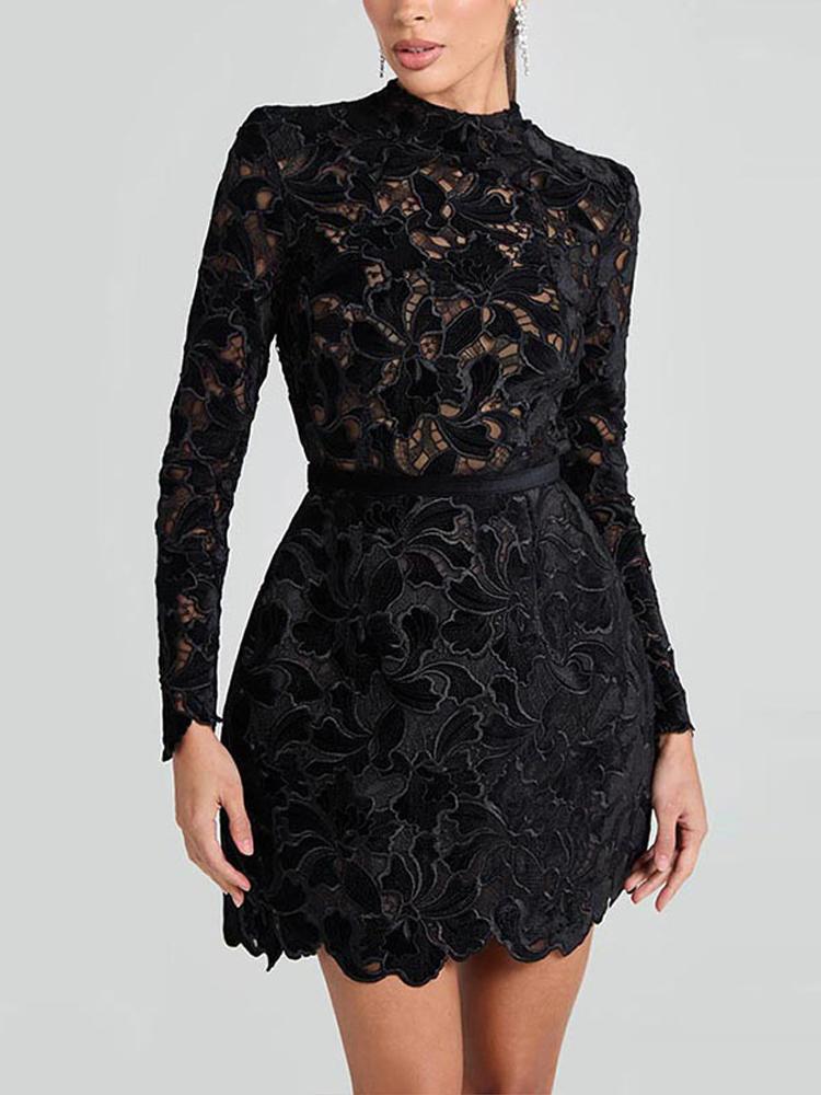 Damen Langarm Durchsichtiges Kleid Damen Blumen Ausgehöhlt Stehkragen Kleid Weihnachtsfeier Geburtstag Rotes Kleid 2025