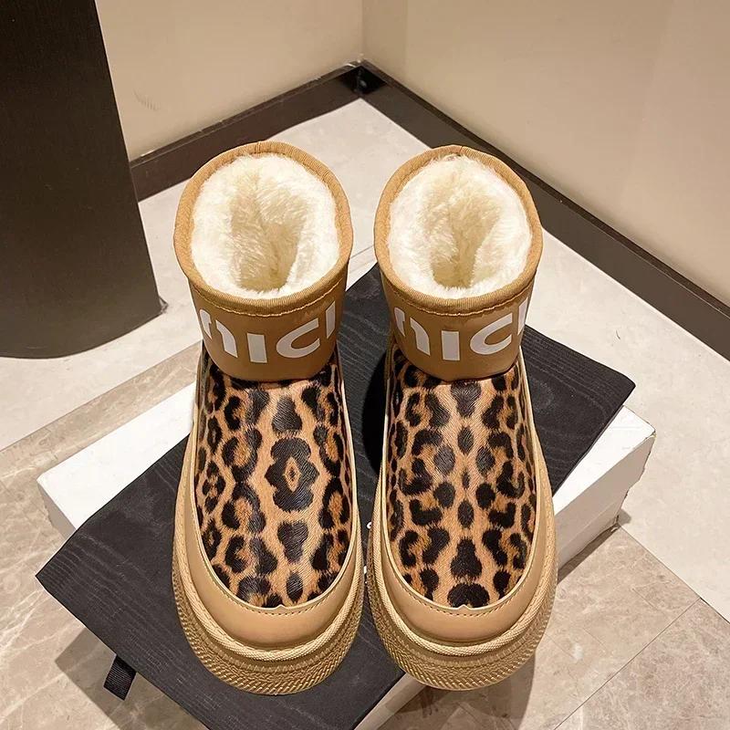 Fashion Leopard Women Fur Snow Boots Ankle Flats Platform Shoes 2025 Winter Short Plush Warm Women Boots Sport Shoes Botas Chelsea Mujer