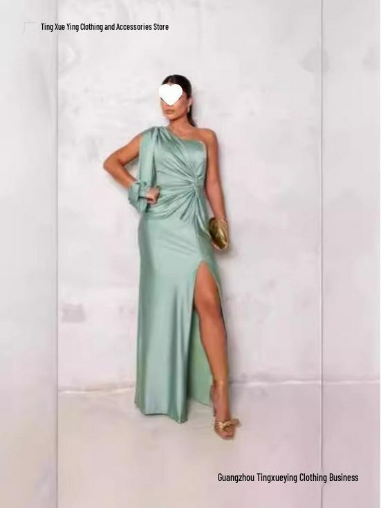 New Women's One-Shoulder Raglan Sleeve Pleated Waist Slit Sexy Long Dress