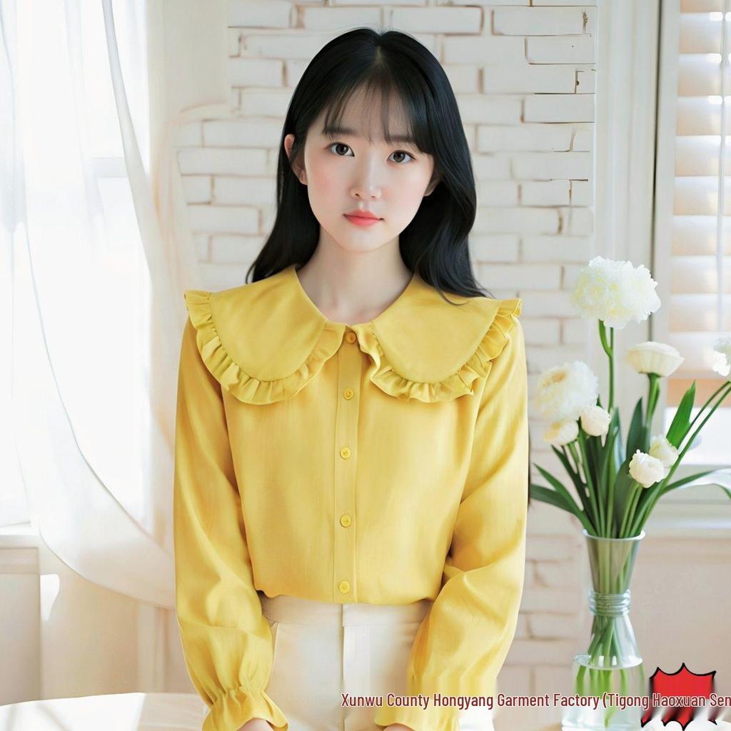 Wine Red Loose Fit Doll Collar Shirt - Korean Style Long Sleeve for Women, Cute and Sweet Spring Top.