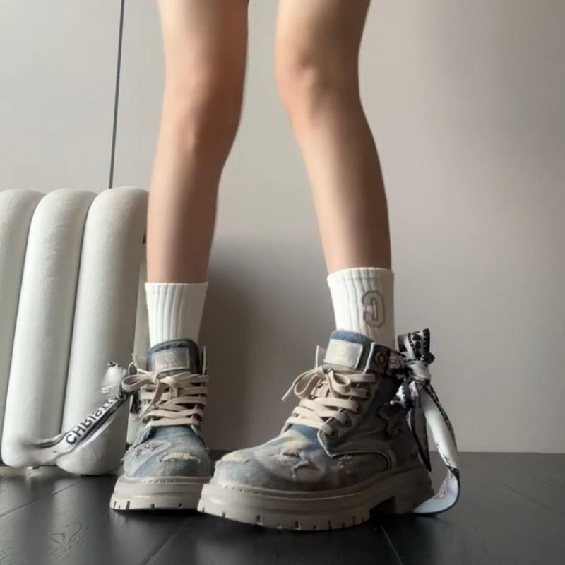 Herbst/Winter Runde Zehenpartie Quadratischer Absatz Retro Cowboy Reitstiefel mit Schnürung vorne Modische Bequeme Schleifenverzierte Arbeitsstiefel