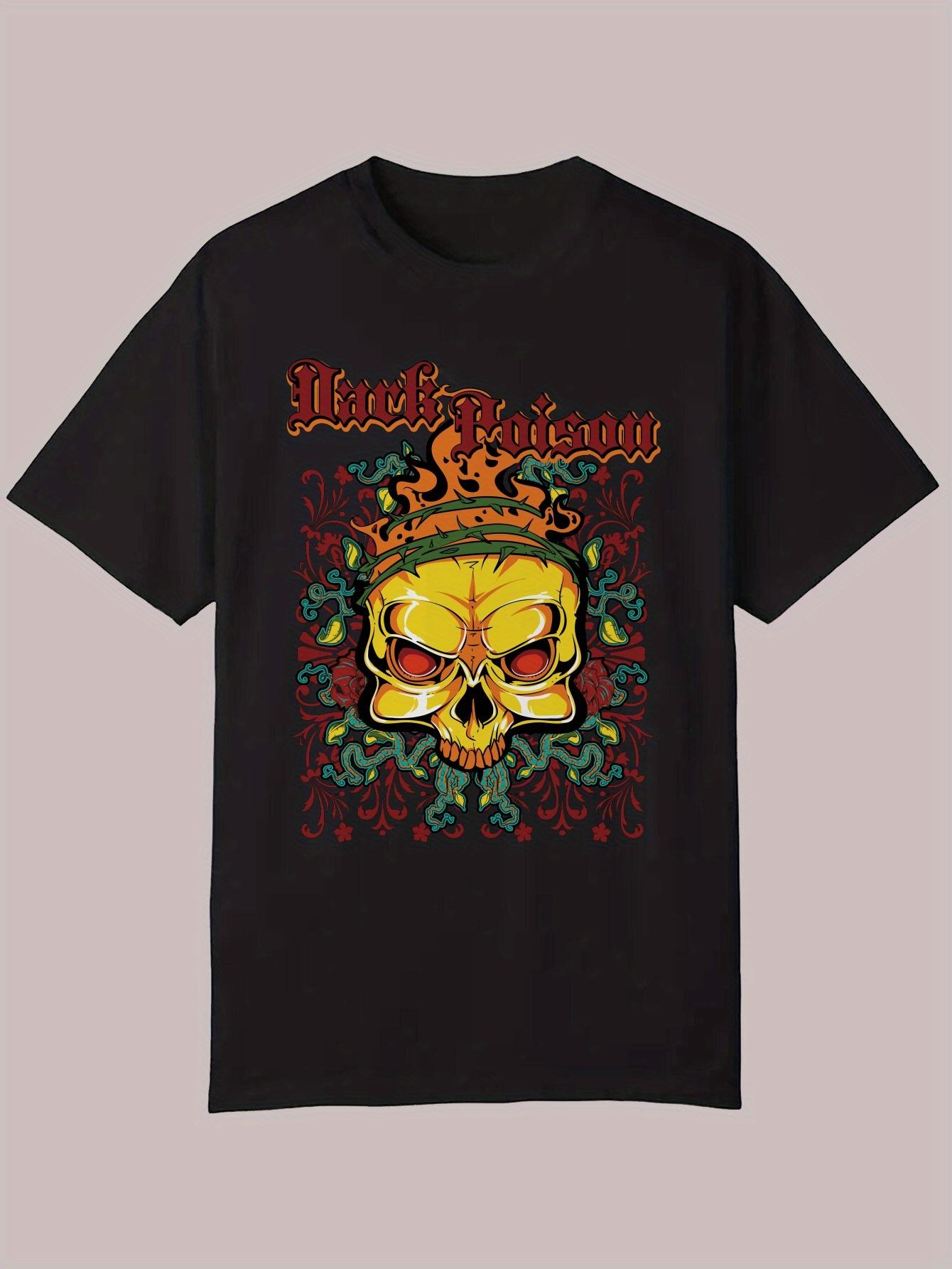 Black Graphic T-shirt - Skull with Flames & Green Leaves Print M