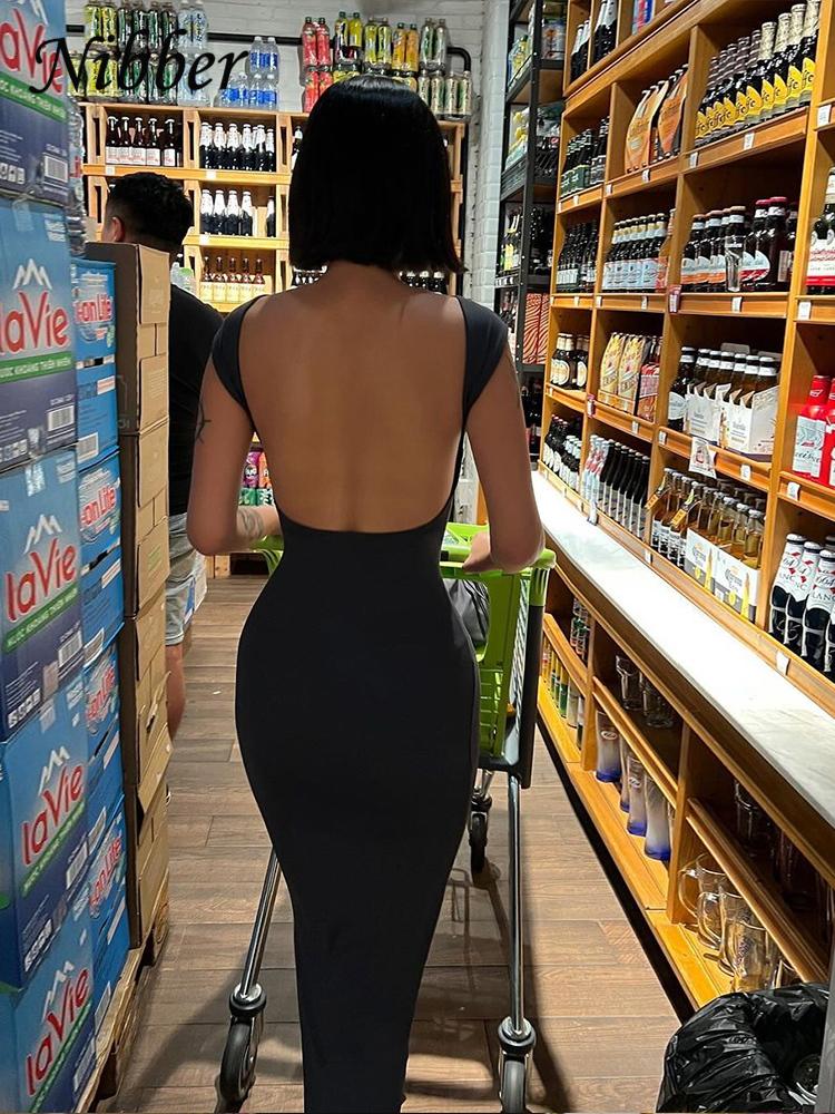 Nibber Solidna Seksowna Długa Sukienka Bez Pleców Kobiety Elegancka Elastyczna Dopasowana Krótki Rękaw Długie Sukienki Damskie Bodycon Streetwear Odzież