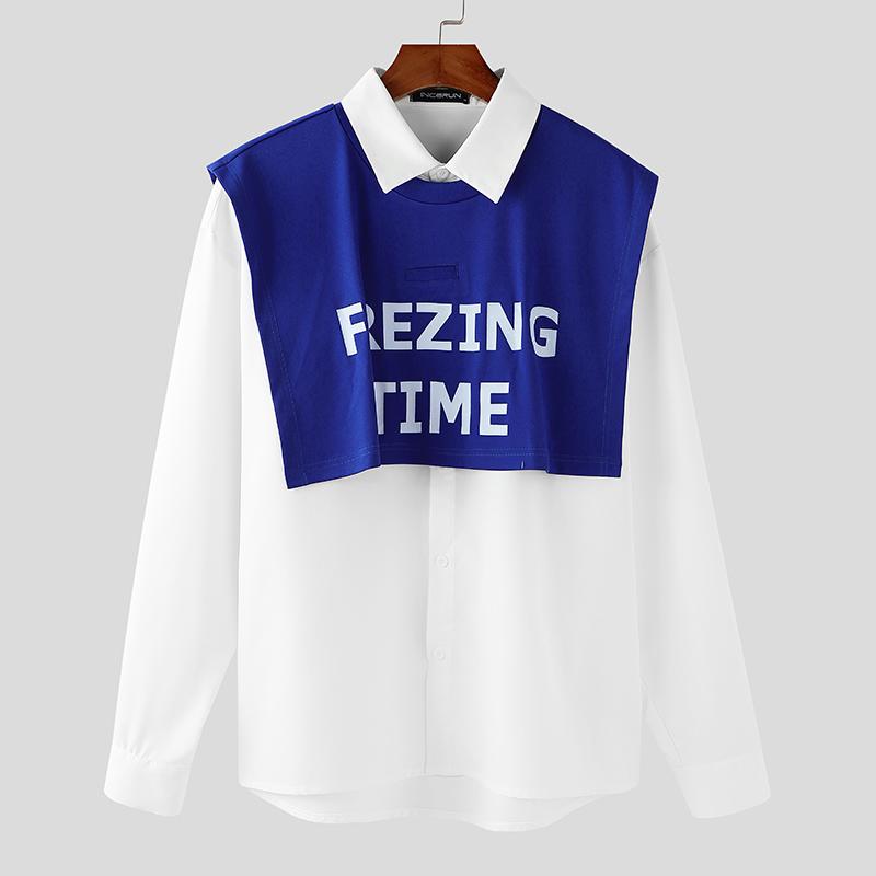 

INCERUN Мужские рубашки с воротником-лацканом и длинным рукавом с принтом и слоями в стиле пэчворк, повседневные топы с пуговицами 5XL темно-синий