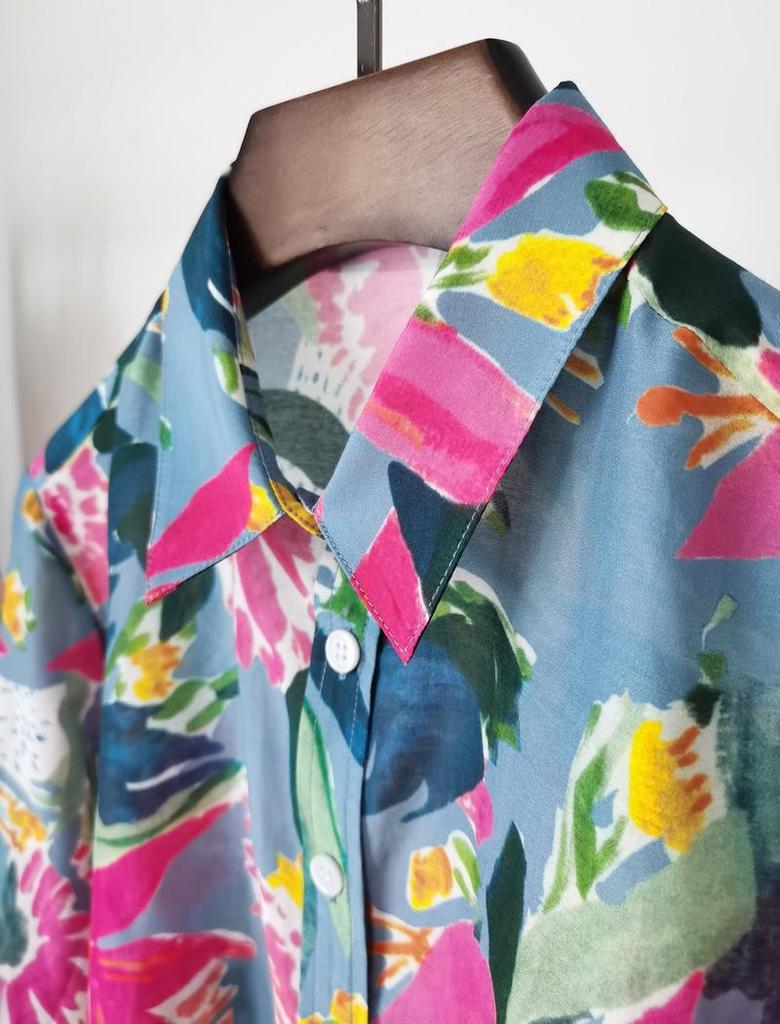 Clearance Women's French Art Print Silk-Cotton Button-Down Long Sleeve Shirt - Medium