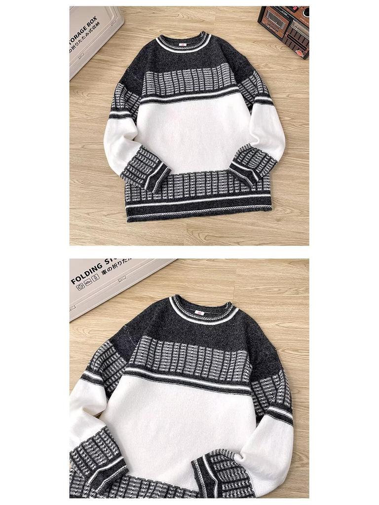 Winter Long Sleeve Color Block Loose Knit Sweater - Warm Round Neck Hollow Harajuku Top