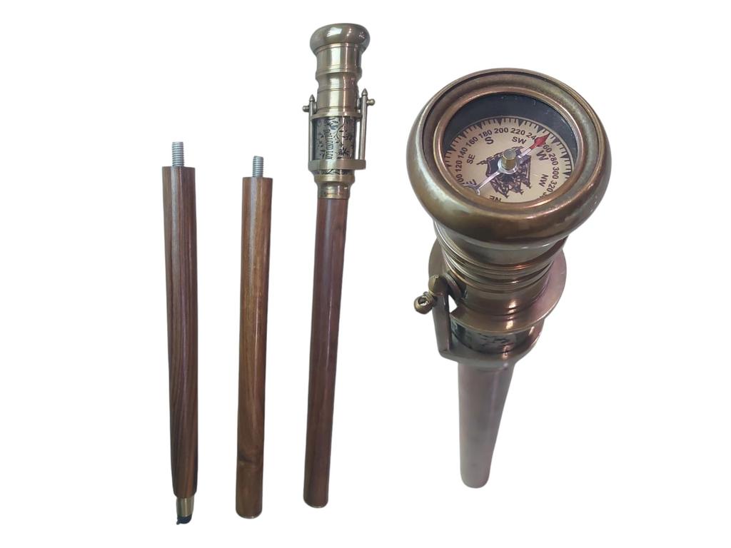 Compass Walking Cane with Brass Telescope Handle Vintage Foldable Wooden Steampunk Victorian Stick