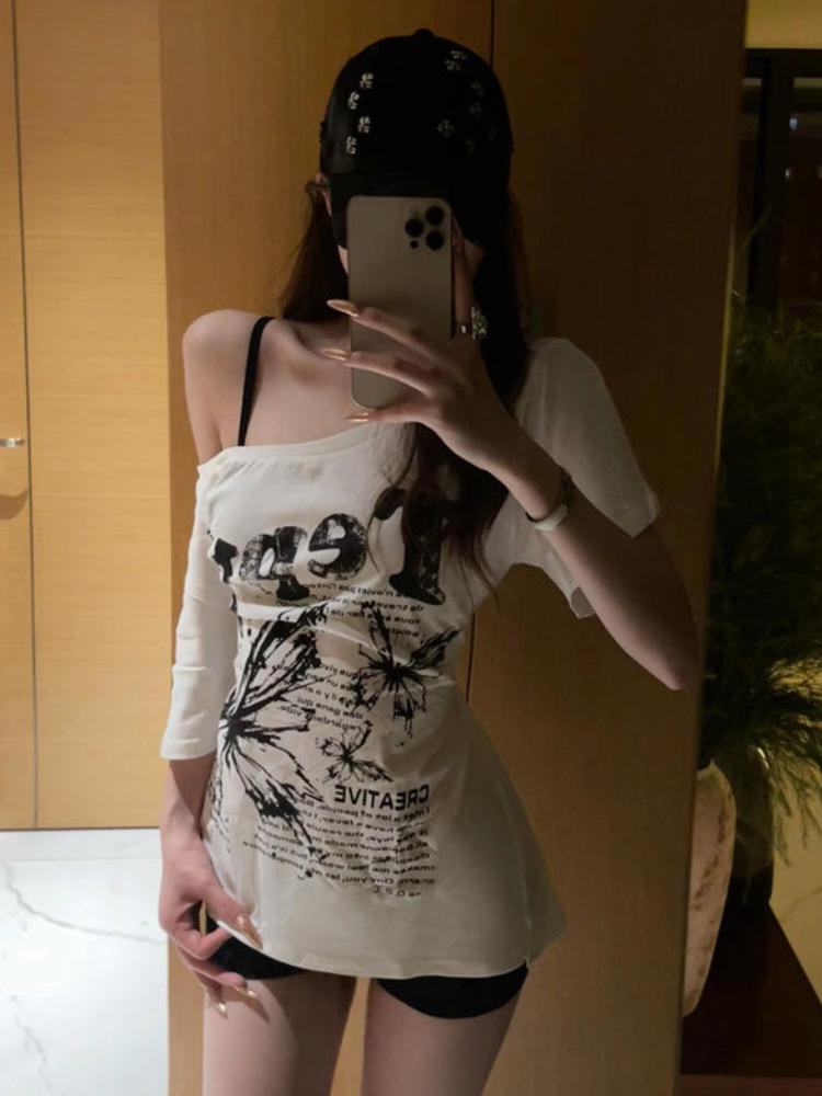 Sexy Damen T-Shirts Hollow Out Design T-Shirts Weiß Bedruckte Oberteile Kurzarm Mädchen Y2K T-Shirts Workout Streetwear