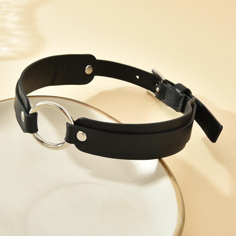 Dark Metal Ring Black Leather Choker Necklace Women S Collar Leather Rope Punk Rock Tide