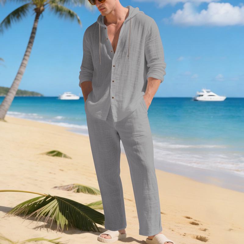 Men's Casual Linen Beach Set: Loose Fit Long Sleeve Hoodie & Pants