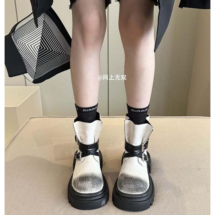 Coarse Heel Platform Short Boots Women's 2025 New Autumn and Winter Small High Heel Cow Anti-velvet Retro Belt Buckle Martin Boots