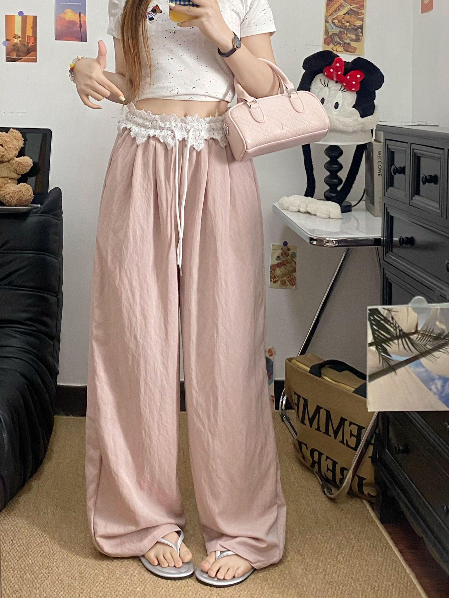 

Маленькие брюки-палаццо из ледяного шелка с кружевной вставкой - высокая посадка, коллекция весна/лето 2025 для женщин. XS