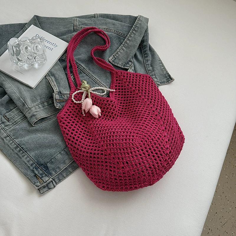 

Women Knitting Shoulder Bag Solid Color Aesthetic Hobo Bag Large Capacity Crochet Tote Bag Ladies Daily Handbag KTB 37x2x34cm червоний
