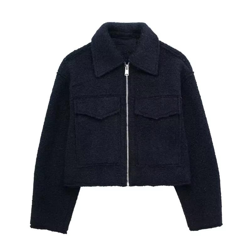 Women Fashion with Pockets Grey Front Zipper Jackets Vintage Lapel Neck Long Sleeves Female Chic Lady Outfits
