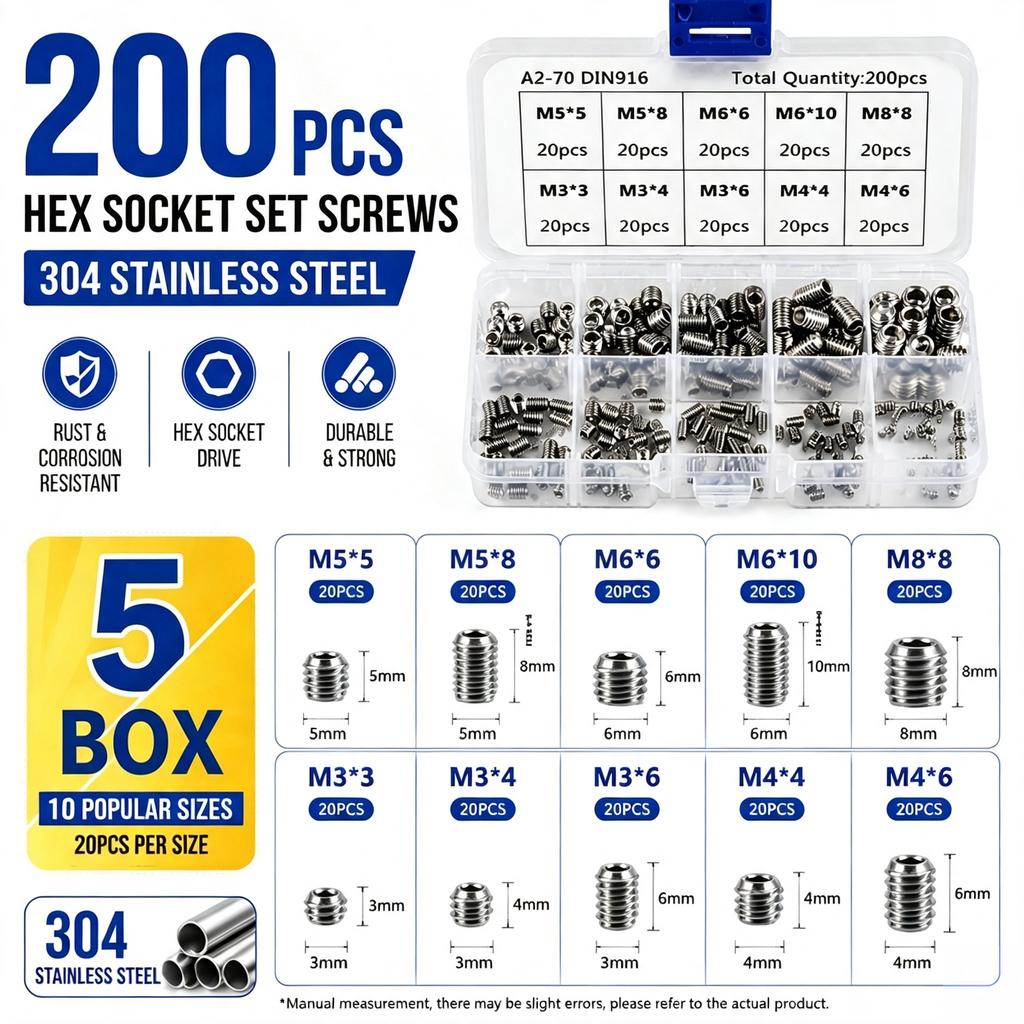 111 Stainless Steel Hex Socket Set Screw Kit 111PCS Flat Point Grub Screws M1 To M11 Box Set with Tray