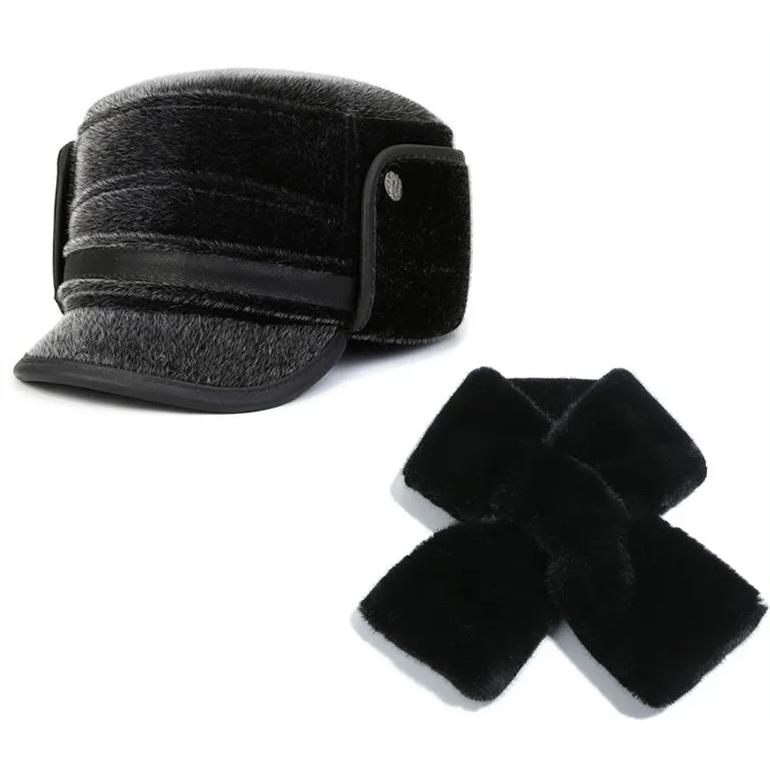 

WTEMPO Men s Solid Color Thick Fleece Black Plush Hat Scarf Dad Winter Soft Cold-proof Windproof Flat Top Hat with Long Scarf Set L * scarf + hat чёрный
