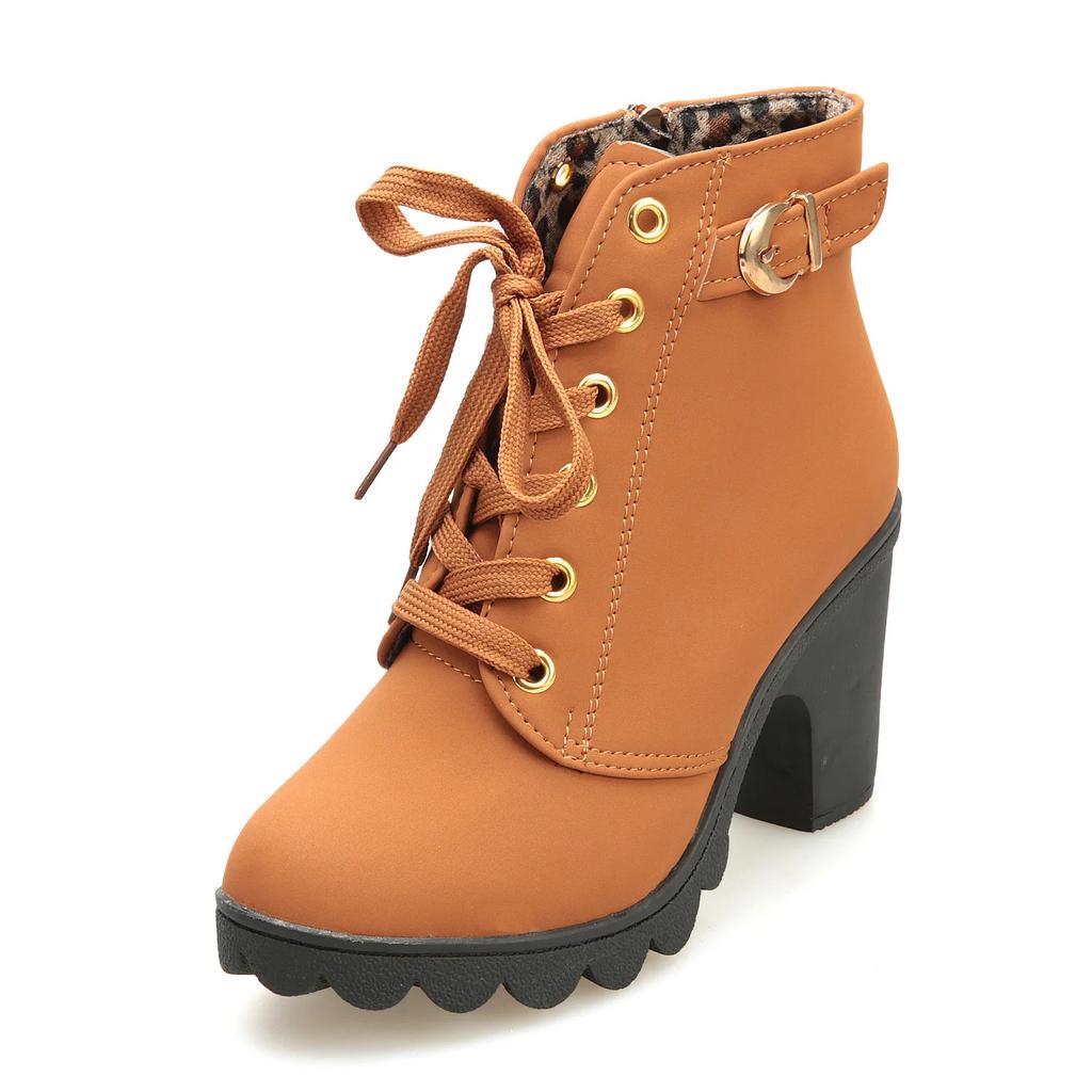 Fashion Boots Women Shoes Women Fashion High Heel Lace Up Ankle Boots Ladies Buckle Platform Artificial Leather Shoes bota feminina2025