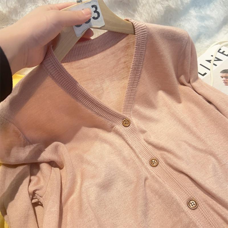 V-neck yellow long-sleeved knitted cardigan top, early autumn new lazy loose thin sweater jacket