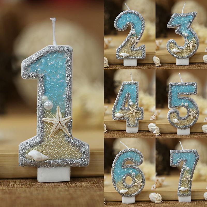 0-9 Digital Glitter Candles Summer Beach Starfish Birthday Cake Decoration Number Mermaid Ocean Themed Party Cake Decor Supplies