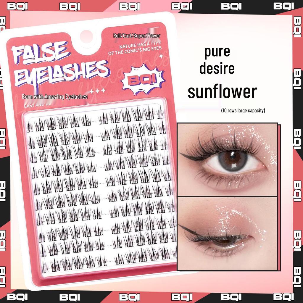 BQl Pure Desire Sunflower Cluster Eyelashes: Natural Comic, 10 Rows, Fine Stem, Large Capacity.
