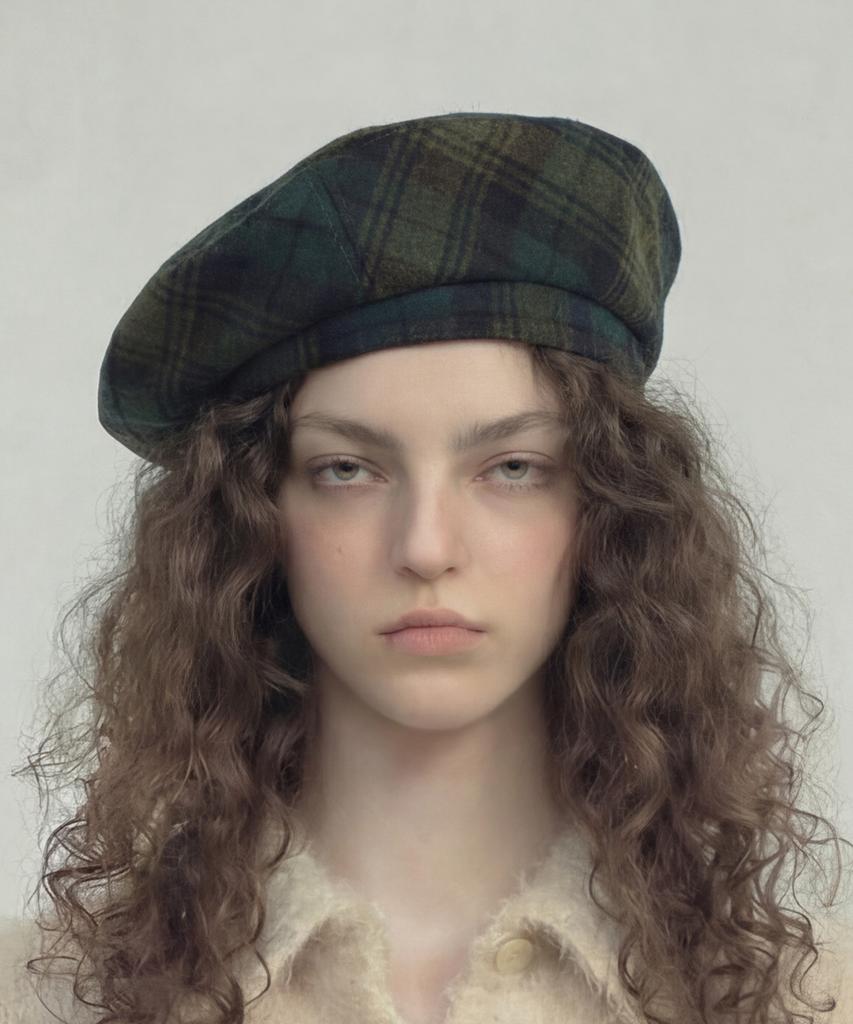 Eondeokeonteulolseutyudio Winter Check Pattern Beret Full Moon Beret / Wool Check / Forest Green