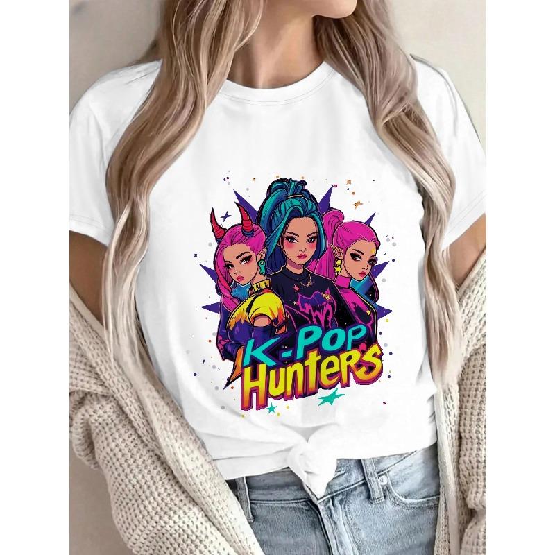 European Size Three Cartoon Female Characters Pink Hair with hornsPure Fashionable Women's T-shirt, Casual Commuting, Round Neck