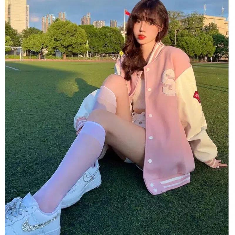 Women's Retro College-Style Pink Velvet Baseball Jacket - All-Match Thickened Cardigan Coat for Spring and Autumn